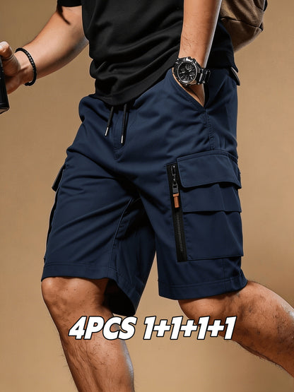 4 pc Men Summer Cargo Shorts Elastic Drawstring Multi Zipper Pockets Lightweight Quick Dry Athletic Shorts Casual Workout Hiking Running Outdoor Sweat Shorts Ideal Gift for Men Guys