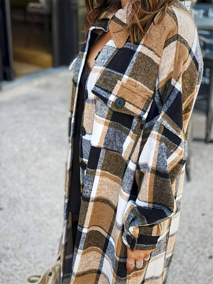Autumn And Winter Long Trench Coat with Side Slits, Notch Collar, Casual And Comfortable, Tailored Fit, Women's Plaid Coat.