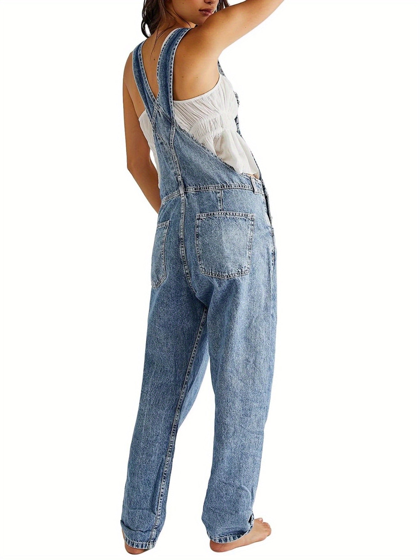 [Denim Bib Overalls] 1pc Women's Denim Bib Overalls Jumpsuit - Loose Fit, Straight Wide Leg Baggy Jean Style with Pockets, Machine Washable Casual Spring Summer Fall Outfit, Sizes S-XXL