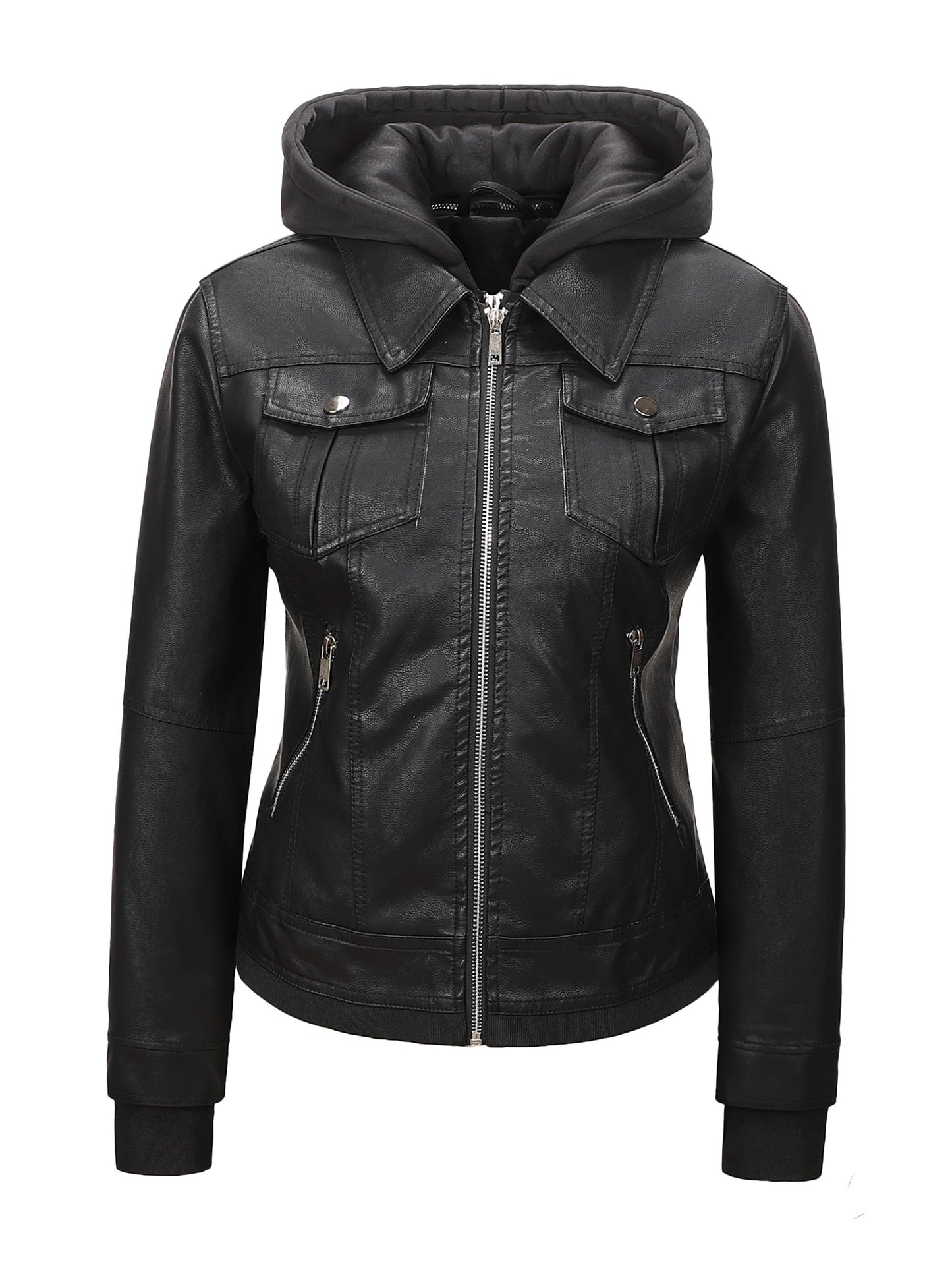 Women's Hooded PU Leather Jacket, Classic Slim-Fit Biker Style with Detachable Hood, Full-Zip PU Leather Coat with Multiple Pockets, Warm Windproof Outerwear for Spring, Fall & Winter Casual & Daily Outfits