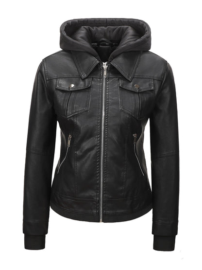 Women's Hooded PU Leather Jacket, Classic Slim-Fit Biker Style with Detachable Hood, Full-Zip PU Leather Coat with Multiple Pockets, Warm Windproof Outerwear for Spring, Fall & Winter Casual & Daily Outfits