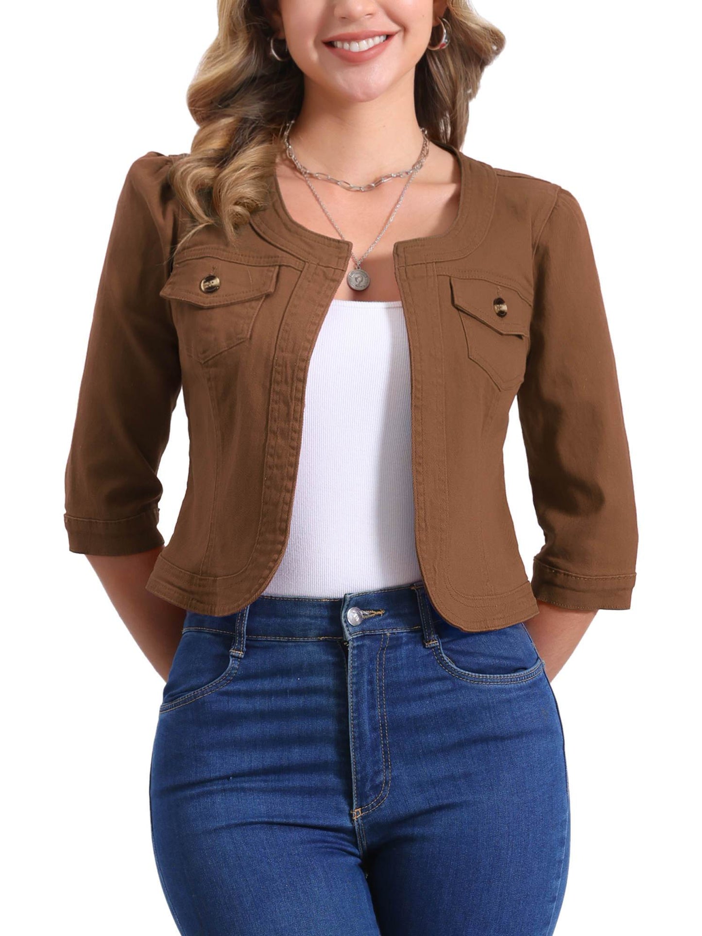 Denim Jacket for Women' S Collarless 2025 Cardigan 3/4 Sleeve Crop Jean Jackets