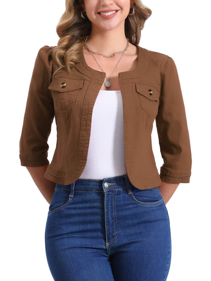 Denim Jacket for Women' S Collarless 2025 Cardigan 3/4 Sleeve Crop Jean Jackets