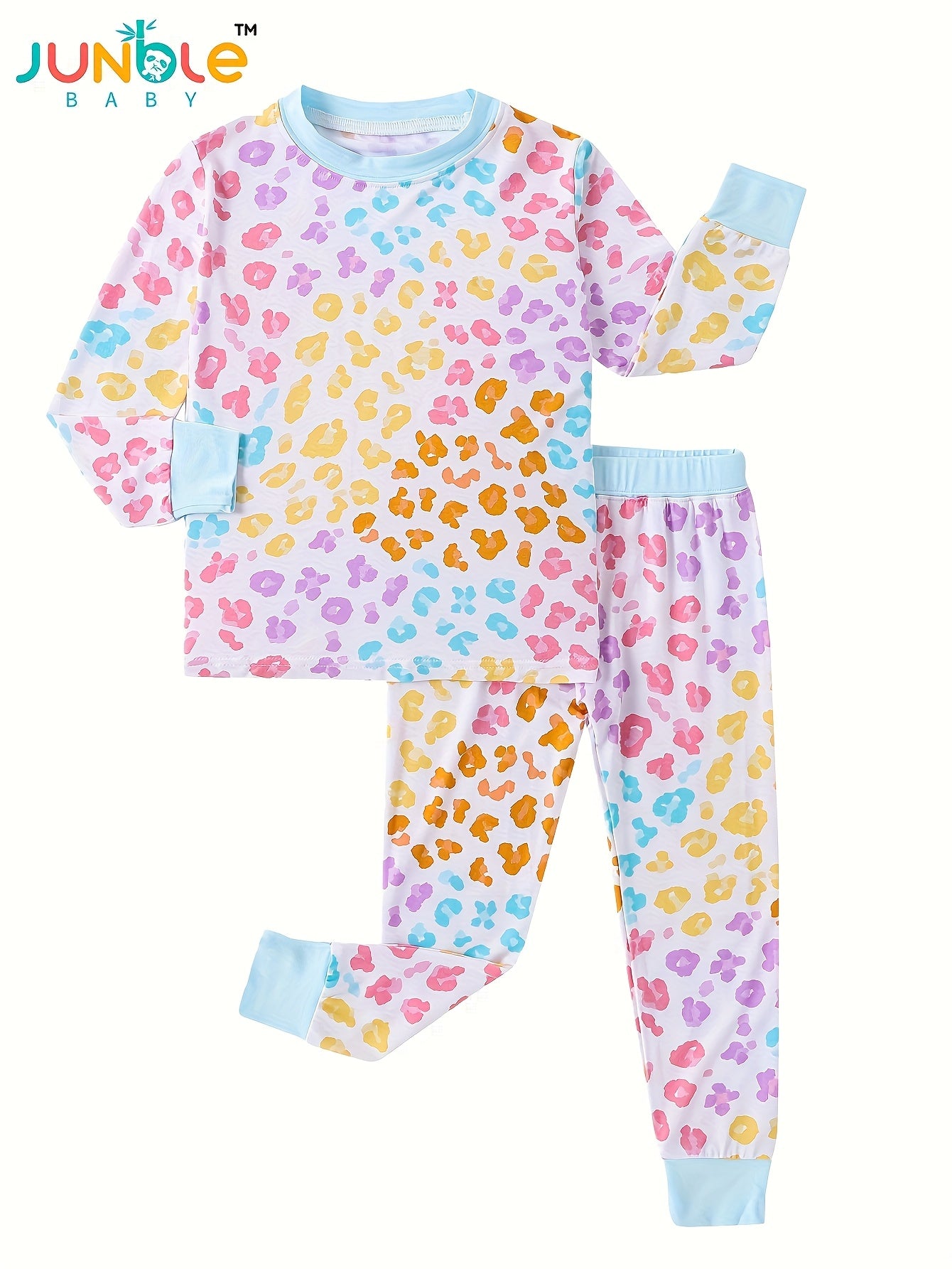 JUNBLEBABY Bamboo Fiber Skinny Pajama Set - Brown Leopard Print Long Sleeve And Pants, Stretchy Viscose Blend, Crew Neck, Casual Style for Youngsters