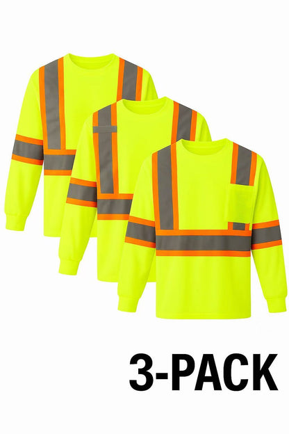 3-Pack Hi-Vis Safety Long Sleeve Shirts with Reflective Stripes, Neon Yellow Workwear