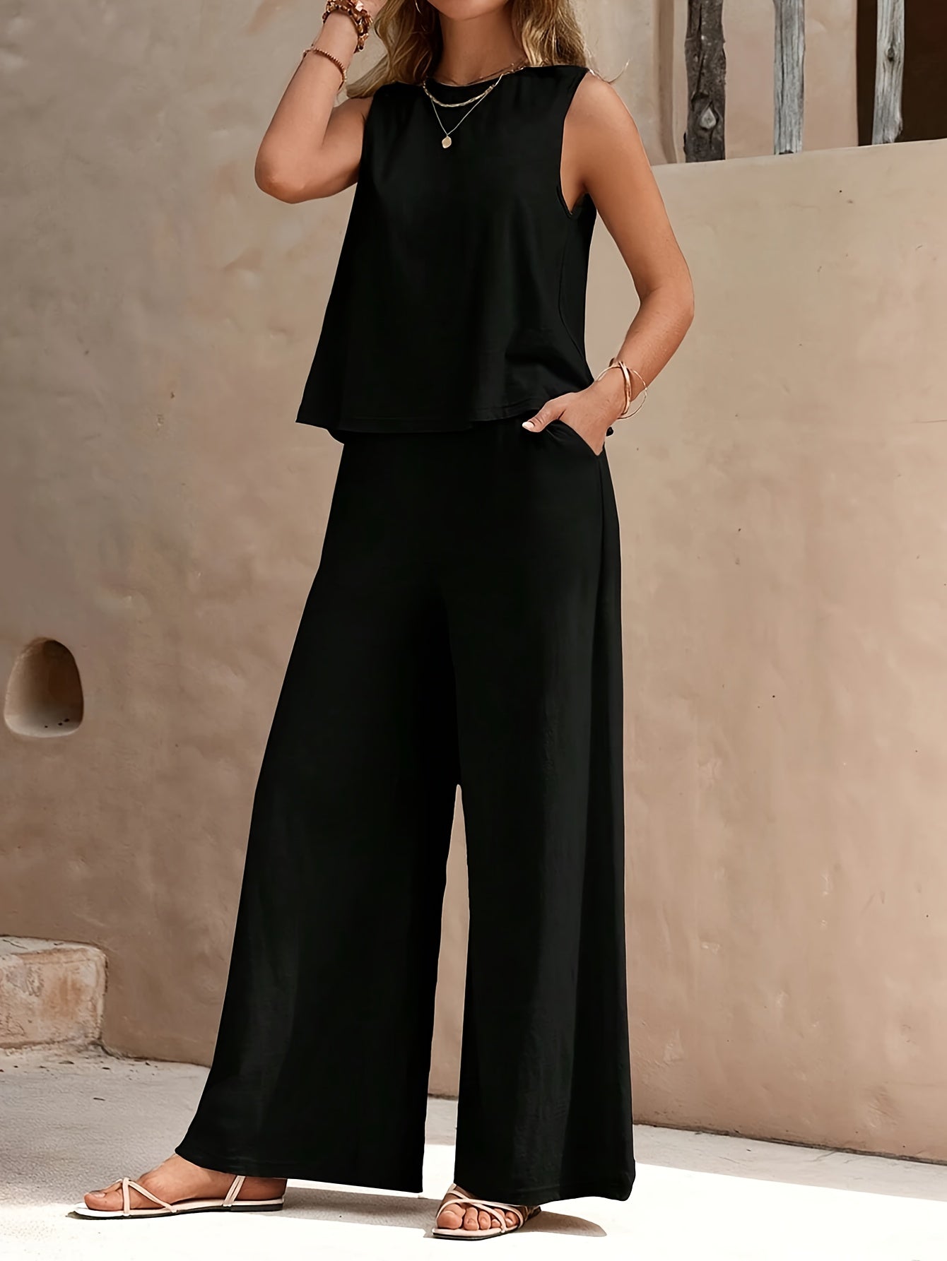 Popular! Women's Sleeveless Crop Top And Wide-Leg Pants Set, Breathable Fabric, Versatile for Vacation And Daily Outfit, Casual Summer Outfit