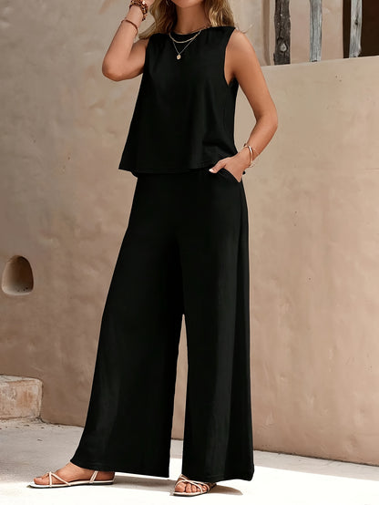Popular! Women's Sleeveless Crop Top And Wide-Leg Pants Set, Breathable Fabric, Versatile for Vacation And Daily Outfit, Casual Summer Outfit
