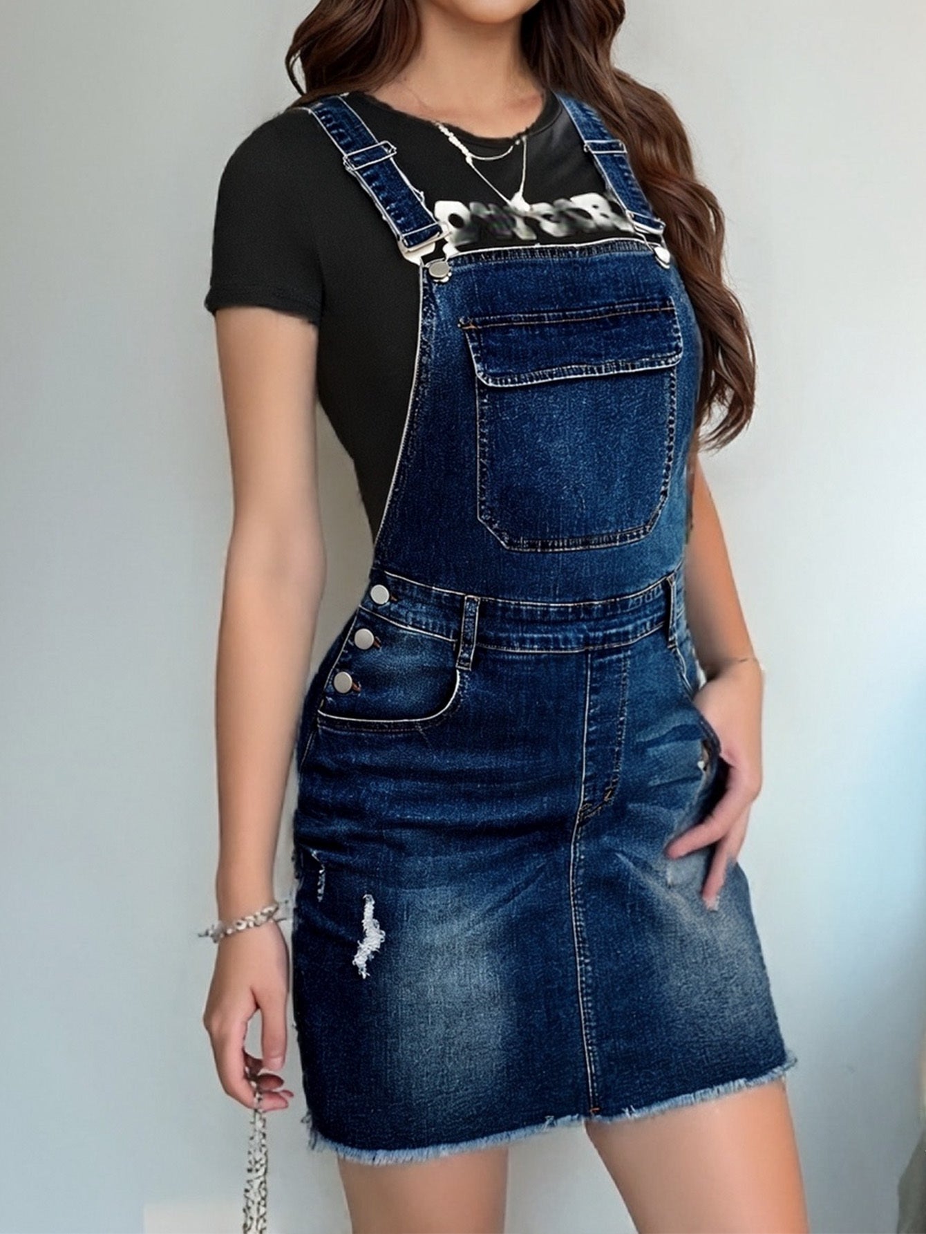 Women's Stretch Denim Skirt with Adjustable Shoulder Straps - Distressed Ripped Design, Raw Hem & Spacious Front/Back Pockets - Mid-Length Machine Washable for Spring Summer Fall Outdoor Shopping Daily Wear, Casual Outfit, Relaxed Fit, Comfortable Fit, Fa