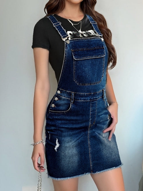 Women's Stretch Denim Skirt with Adjustable Shoulder Straps - Distressed Ripped Design, Raw Hem & Spacious Front/Back Pockets - Mid-Length Machine Washable for Spring Summer Fall Outdoor Shopping Daily Wear, Casual Outfit, Relaxed Fit, Comfortable Fit, Fa