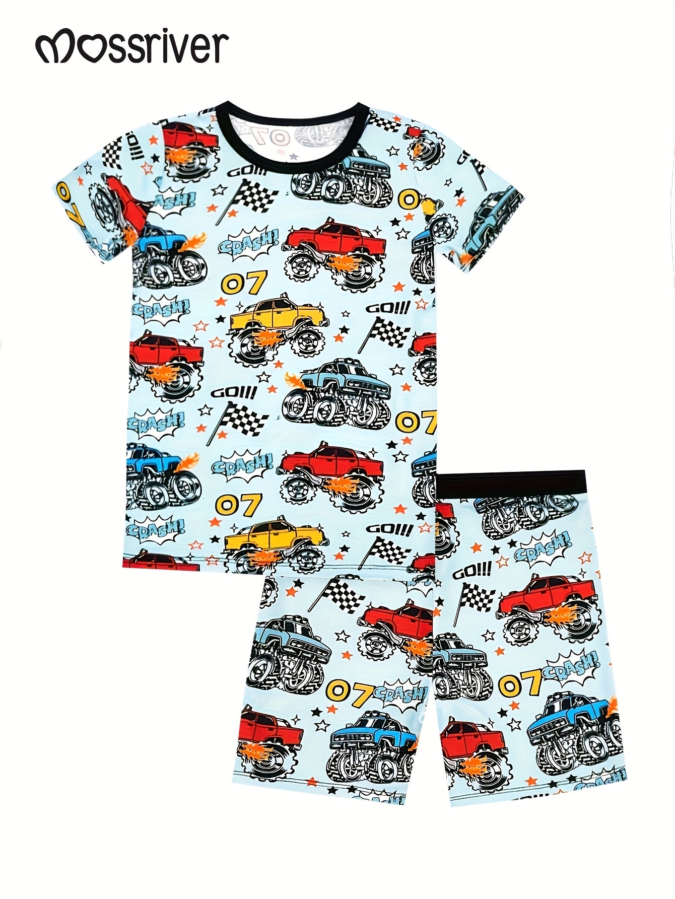 Moss River Boys Short Sleeve Shorts Family Pajamas Set, Cartoon Off-Road Vehicle Covered with Printed Patterns, Soft Bamboo Fiber, Round Neck, Boys Cozy Home Outfit & Great Gift Idea, Set Perfect for Little Boys Who Love Monster Truck