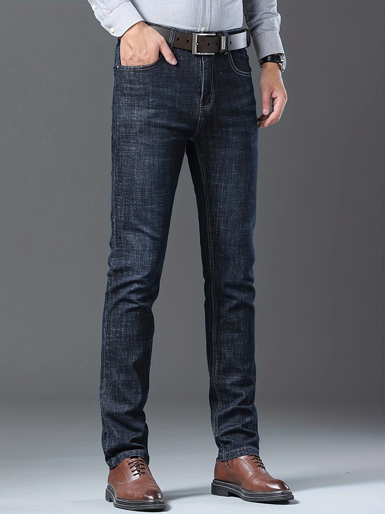 Men's High-Stretch Straight-Leg Business Casual Jeans - Premium Water-Washed Denim, Regular Fit Light Blue with Red Stitching, Autumn/Winter Formal & Casual Attire