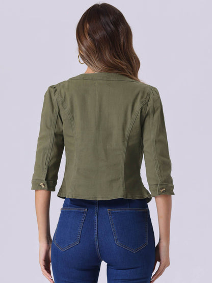 Denim Jacket for Women' S Collarless 2025 Cardigan 3/4 Sleeve Crop Jean Jackets