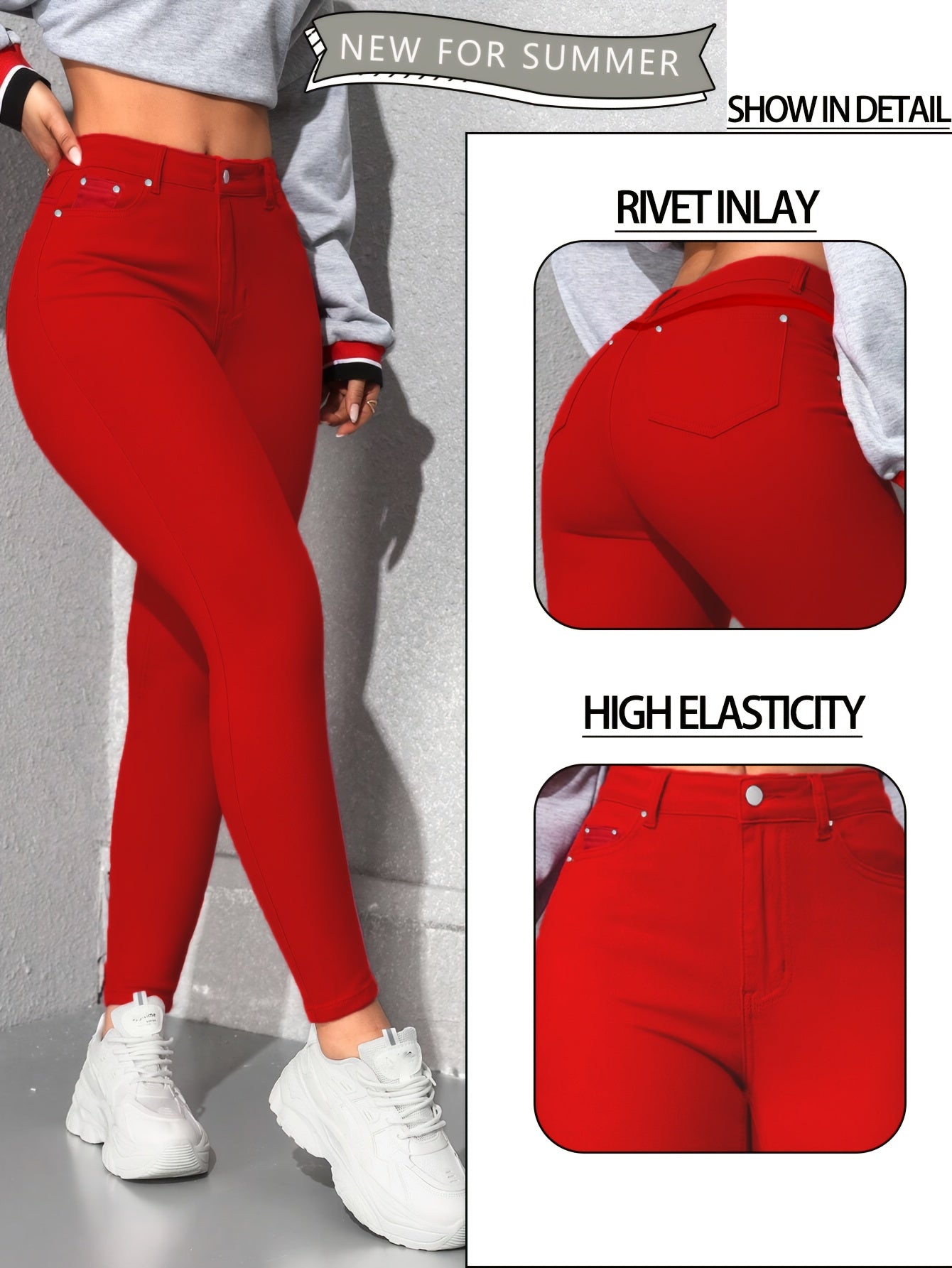 Womens Red High Waisted Skinny Jeans with Multiple Rivet Details High Elasticity Stretch Denim Pants Tummy Control Slim Fit Booty Lifting Design Soft Comfortable Machine Washable Summer New Arrival Casual Casual Attire Versatile Wardrobe Essential