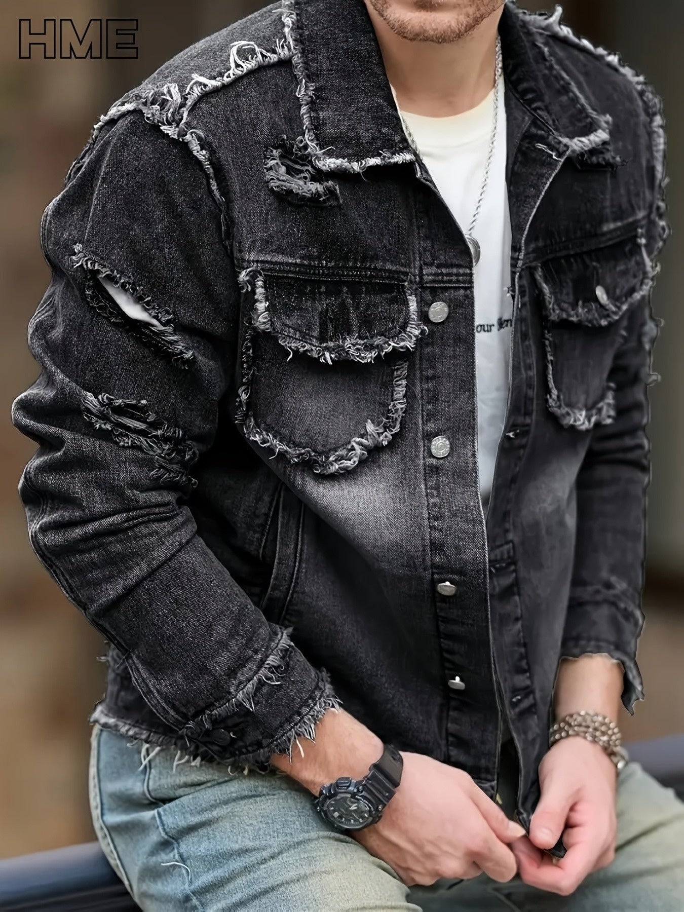 [HME] American Casual Men's Denim Jacket, Non-elastic And Well-fitting, Cool And Slimming, Retro Washed And Versatile Black And Gray, Fashionable Tassel Design Street Style, Open Front Single-row Buttons, Trendy And Versatile Denim Jacket