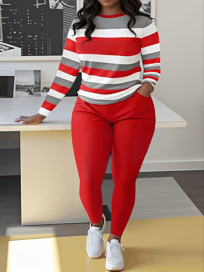 Plus Size Color Block Two-piece Set, Casual Crew Neck Long Sleeve Top & Pants Outfits, Women's Plus Size Clothing