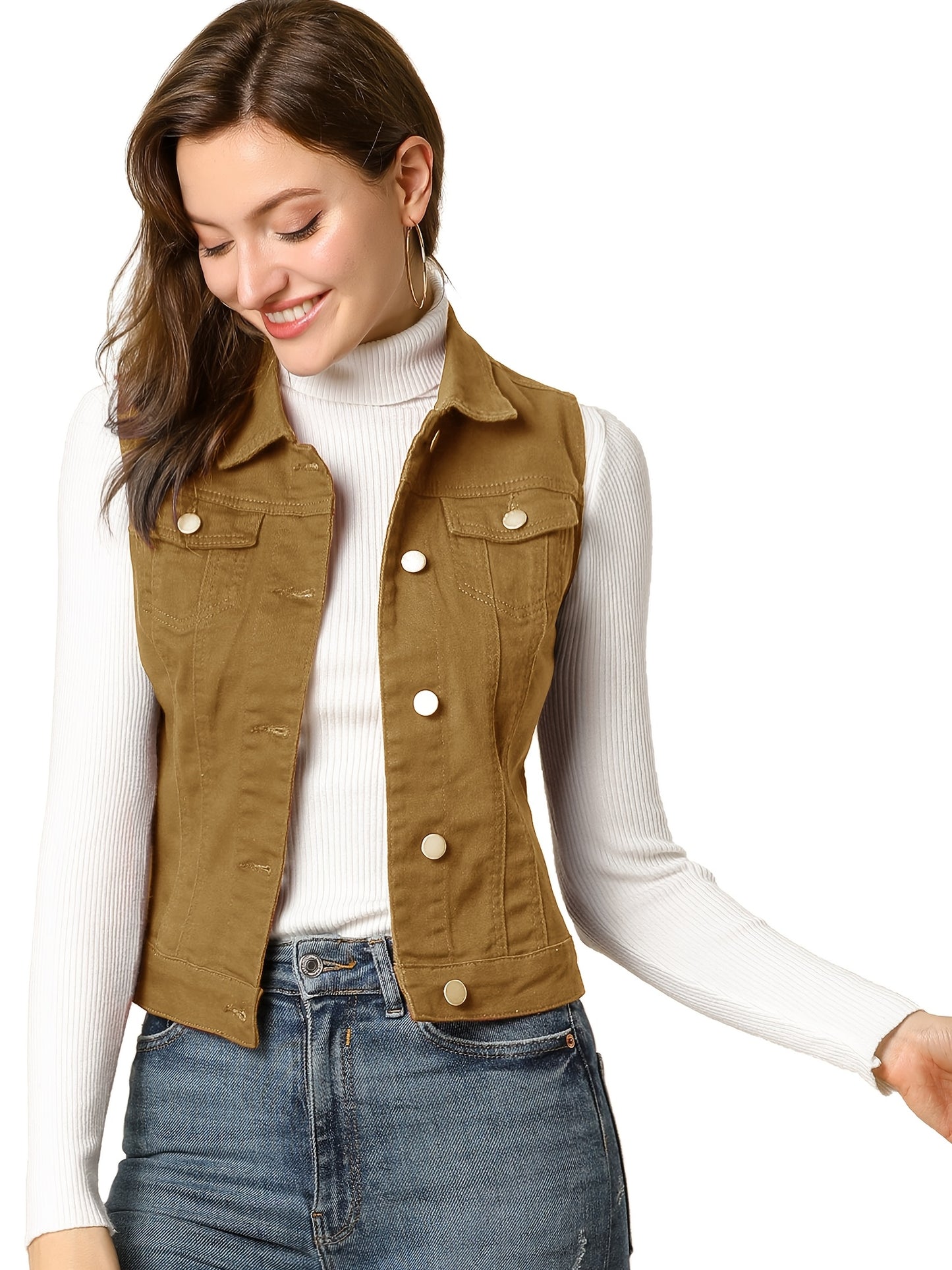 Women's Buttoned Washed Denim Vest Jacket W Chest Flap Pockets