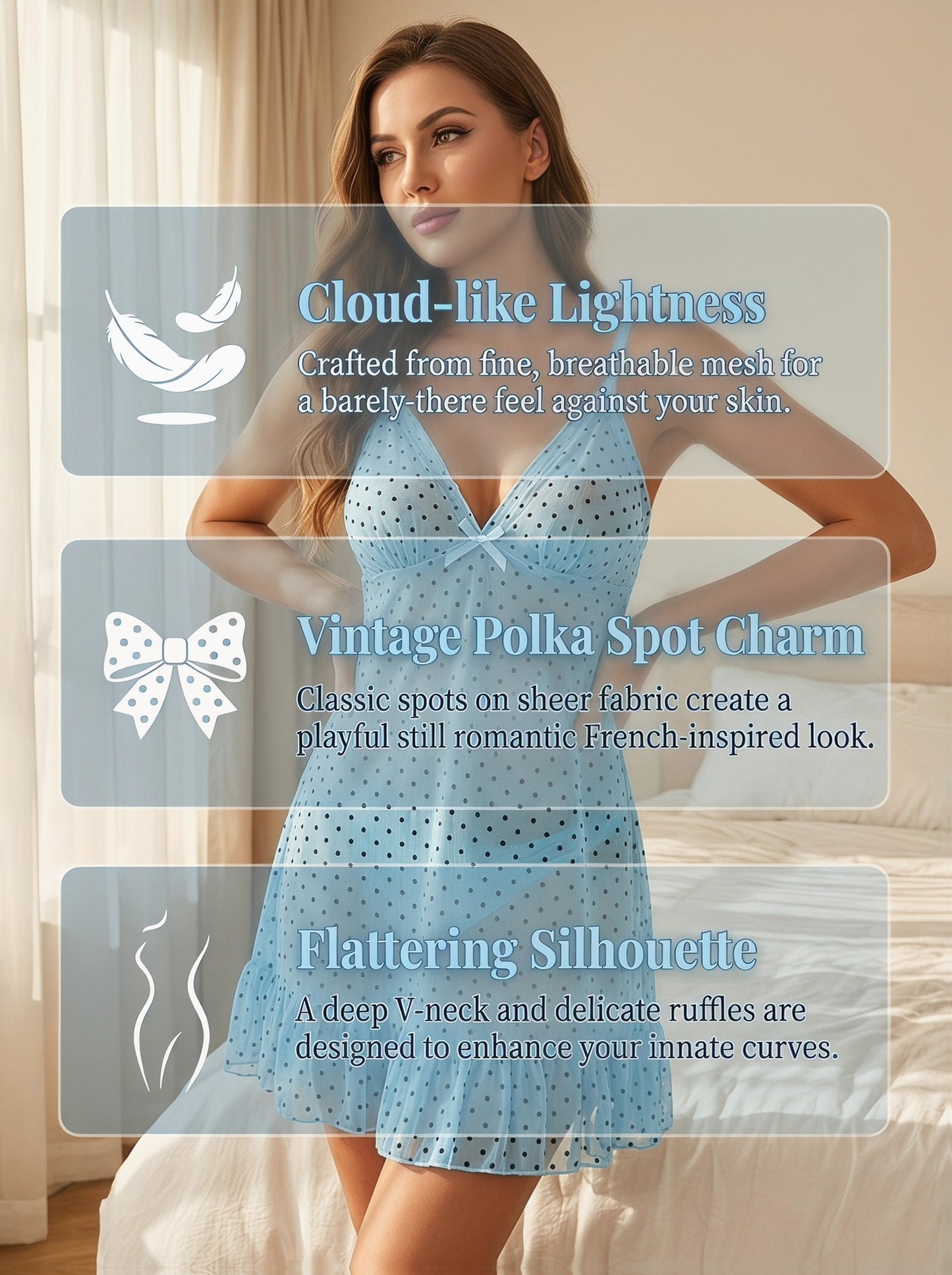 Plus Size Women's Blue Polka Dot Sheer Mesh Lingerie Dress Set, 2pcs Ruffled V-Neck Chemise Nightgown, Sexy Babydoll Sleepwear for Curvy Women