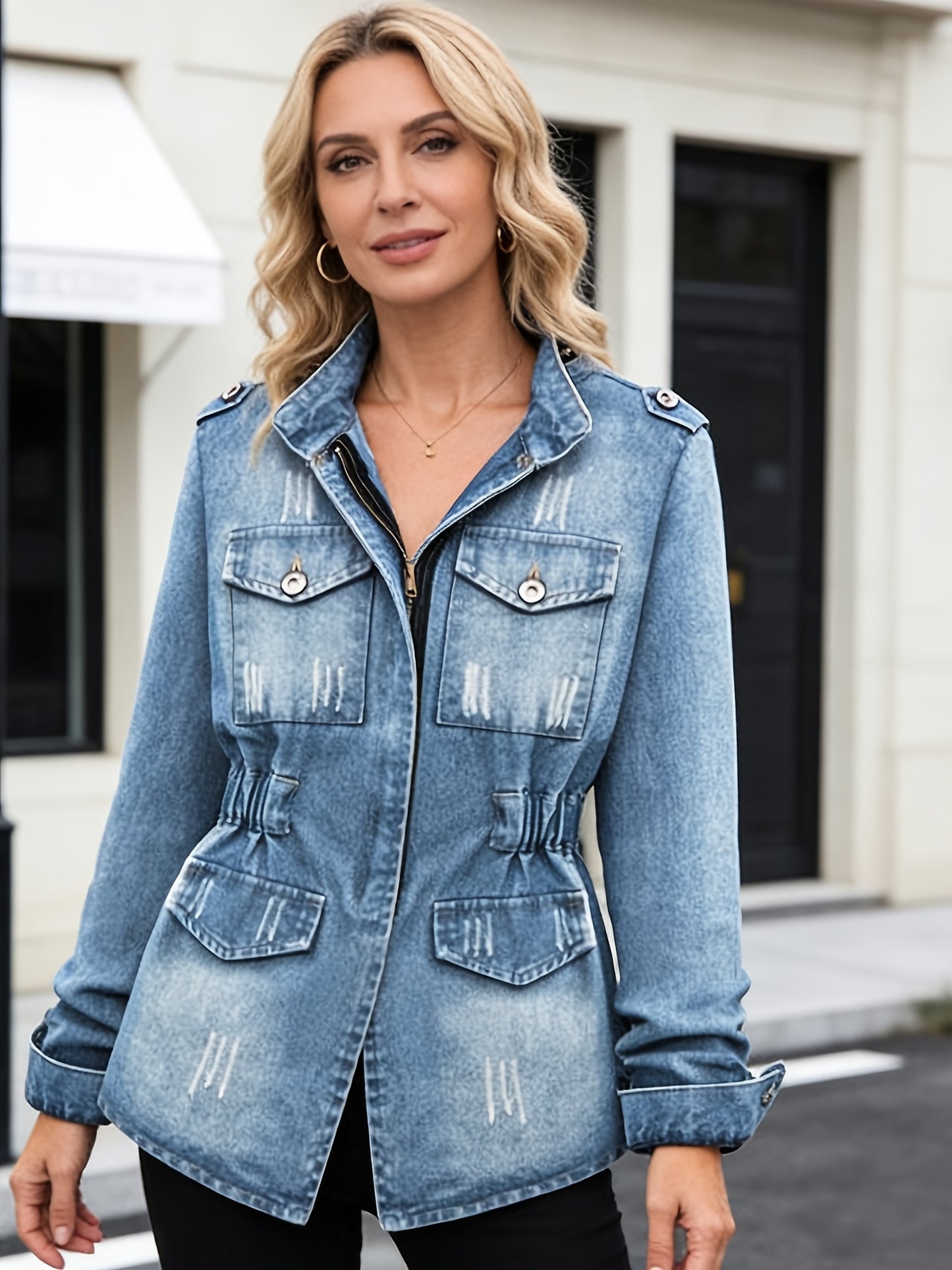[Denim Jacket Women] Denim Jacket for Women with a Short Round Neck And Three-Quarter Sleeves, Perfect for Casual Daily Outfits, Shopping, And Spring to Autumn Wear, Available in Sizes S to XXL