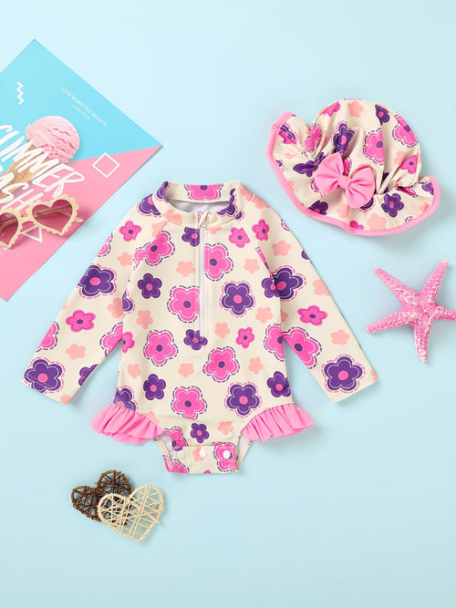 Baby Girl Swimsuit One-Piece Long Sleeved Sunscreen Suit with Hat Set Zipper Swimsuit Cute Strawberry Flower Mermaid Flamingo Beach Outfit