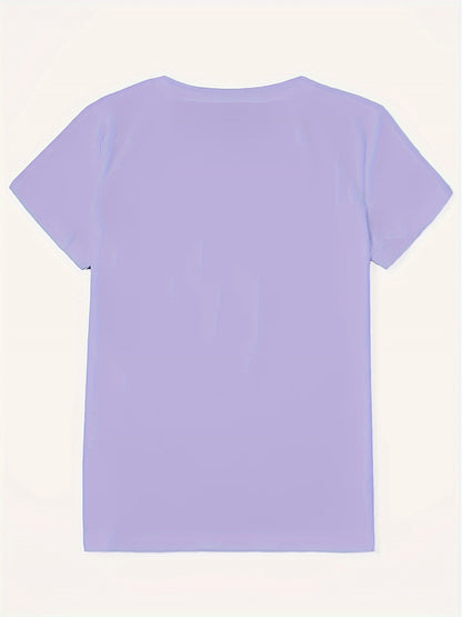 Women's Glossy Butterfly Print T-Shirt - Lightweight Polyester Short Sleeve Round Neck Top with Purple & Black Bowknot & Heart Cutouts, Machine Washable Spring Summer Fall Casual Shirt, Comfortable Casual Attire, Vibrant Purple & Pink Butterfly Design, Gl