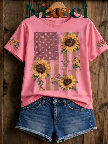Nixeci Brand Men's Novelty Sleepwear Flag Sunflower Floral Graphic Cotton T-Shirt, Casual Graphic Tee for Summer Outfit, Streetwear Casual Attire, Trending Gift Idea