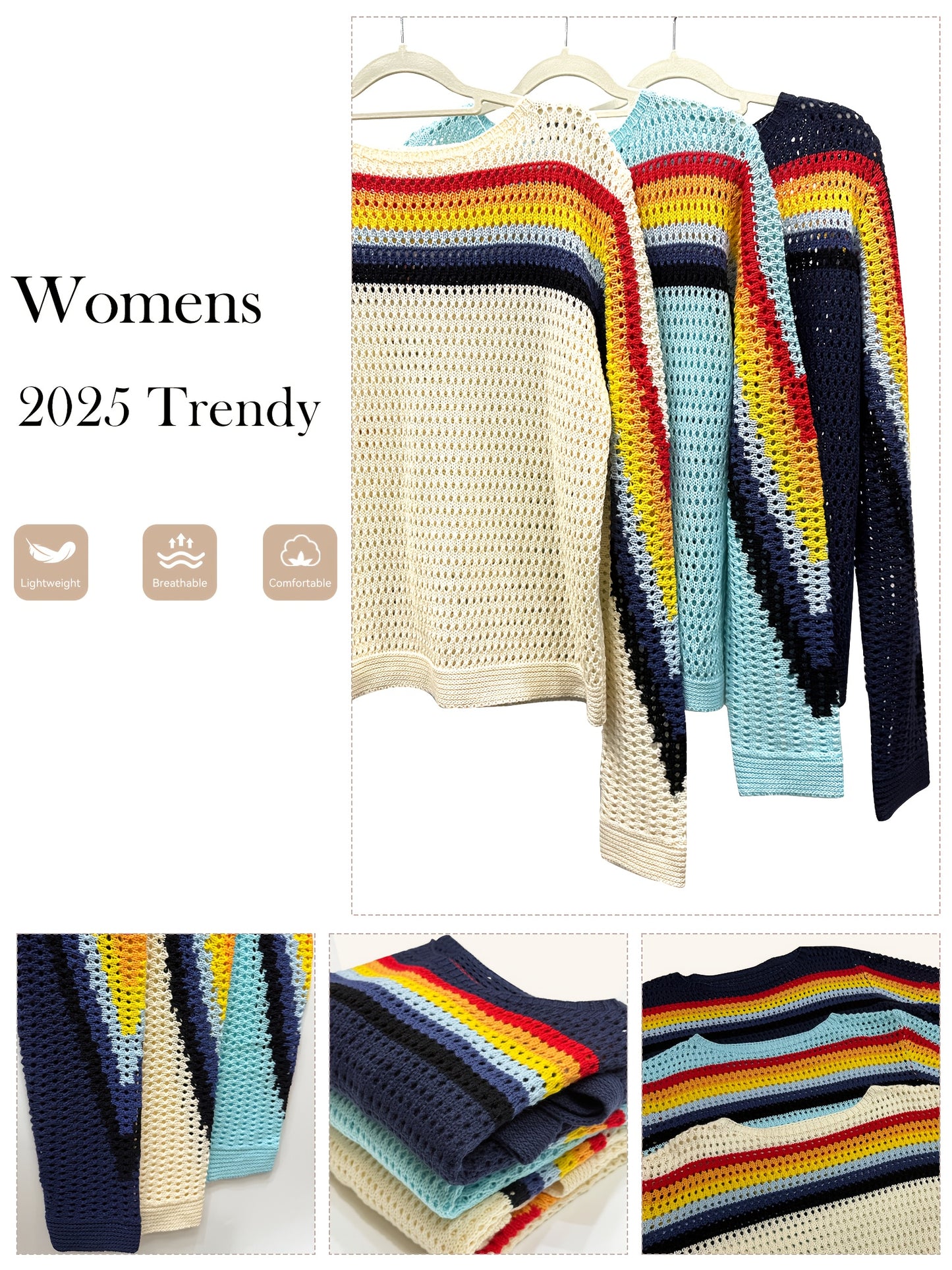 Women's Countryside Style Colorful Striped Hollow-Out Sweater - Fall Winter Long Sleeve Crewneck Pullover|Cute Y2K Fashion Top, Casual Streetwear for Autumn, Trendy Vacation Outfit