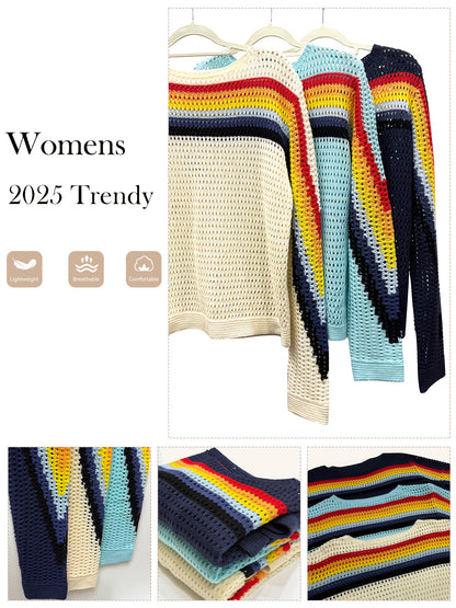 Women's Countryside Style Colorful Striped Hollow-Out Sweater - Fall Winter Long Sleeve Crewneck Pullover|Cute Y2K Fashion Top, Casual Streetwear for Autumn, Trendy Vacation Outfit