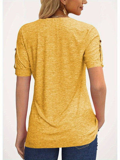 Casual Short-Sleeve Blouse for Women with a Solid Color, Featuring a Pleated Design, Buttoned V-Neck, And a Zipper