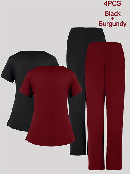 4pcs Set for Women'S V-Neck Matte Breathable Uniform Pocket Hand Washing Work Clothes Brush Hand Clothes Clothes Pants Set