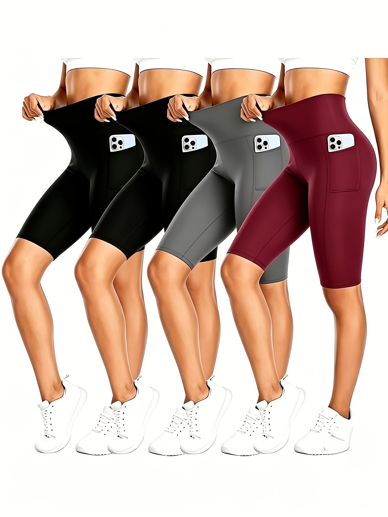 4pcs Women's High-Waisted Yoga Shorts with Pockets, Stretchy Fitness Running Cycling Workout Shorts with Tummy Control