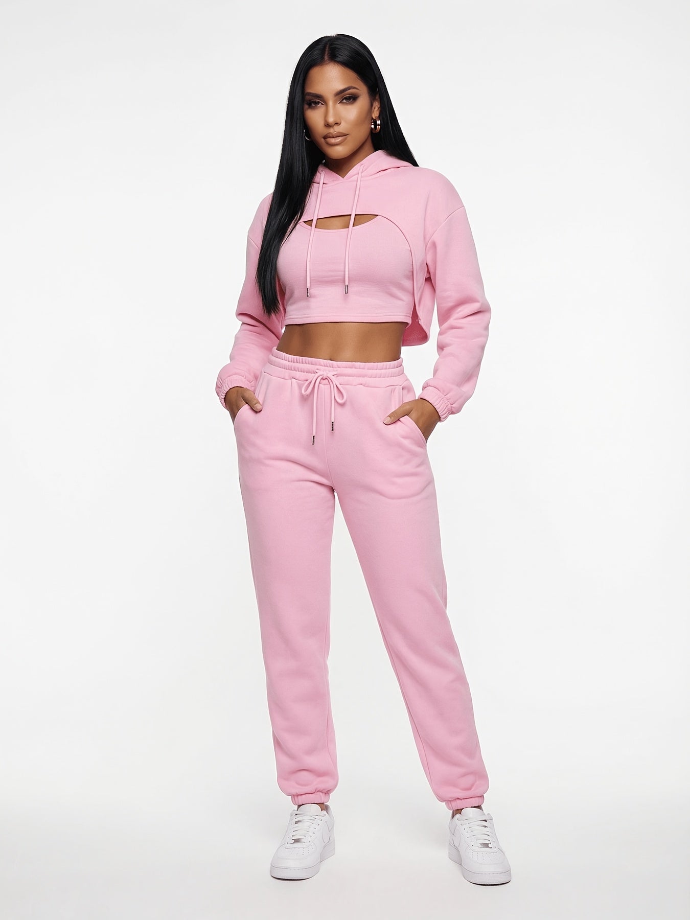 Women'S 3pcs Sweatsuits Sets Sexy Super Cropped Hoodie Tank Top And High Waisted Jogger Sweatpants Matching Loungewear Athleisure Outfits