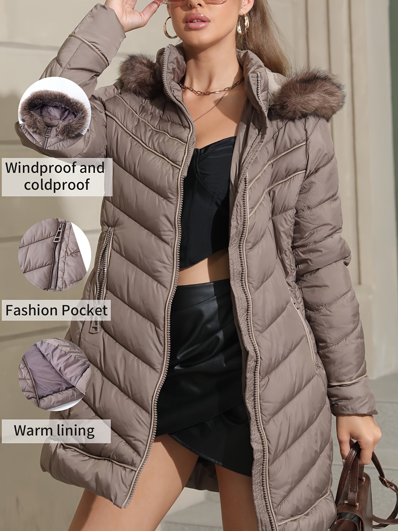 Zip-up Faux Trim Hoodie Puffy Coat, Casual Thermal Long Sleeve Coat for Fall & Winter, Women's Clothing