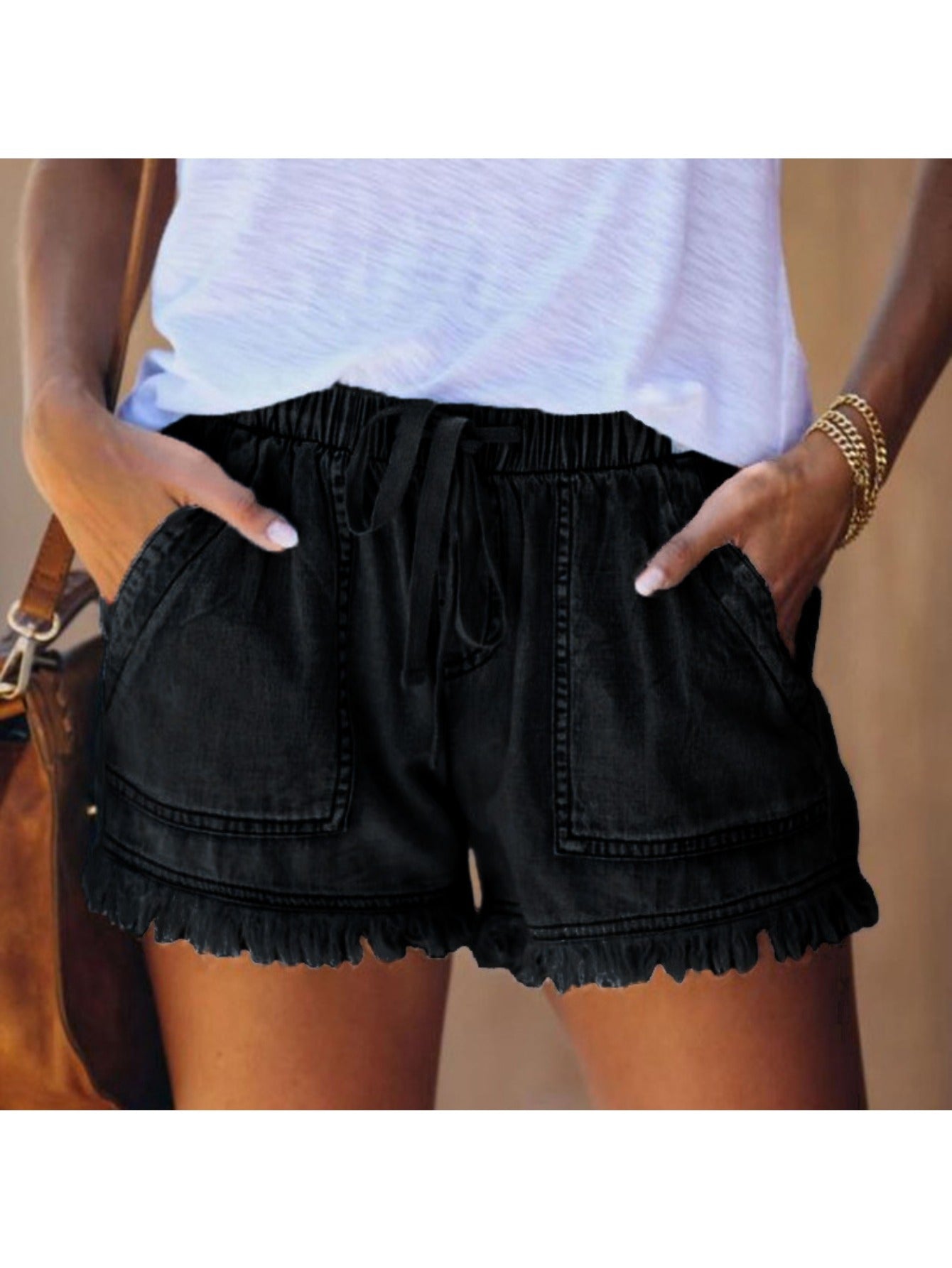 Elastic Waist Fringe Denim Shorts High Waist Casual Versatile Daily Fashion Elegant Sexy