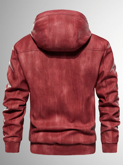Men's Sherpa Lined PU Leather Jacket Warm Winter Hooded Motorcycle Jacket High Quality And Windproof Leather Biker Jacket Drawstring