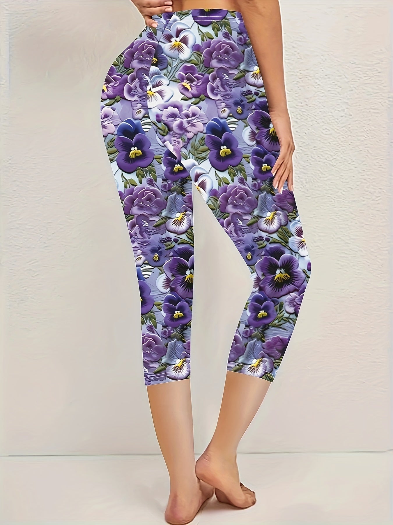 Floral Print Skinny Cropped Leggings, Casual Elastic Waist Stretchy Leggings, Women'S Clothing
