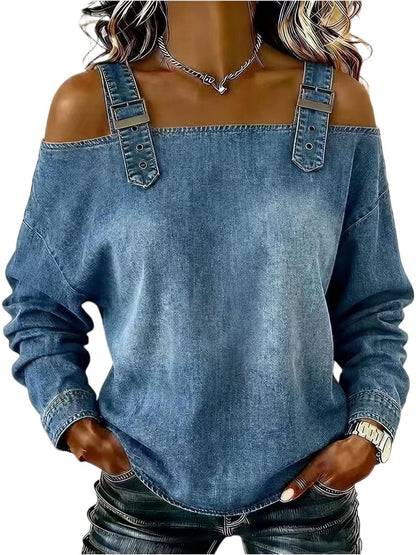 Women's Dress T-shirt with Elegant Style and Versatile Fit, Single-strap Collar, Shoulder Straps, Long-sleeved Top. Fashionable and Elegant for Women, Trendy.