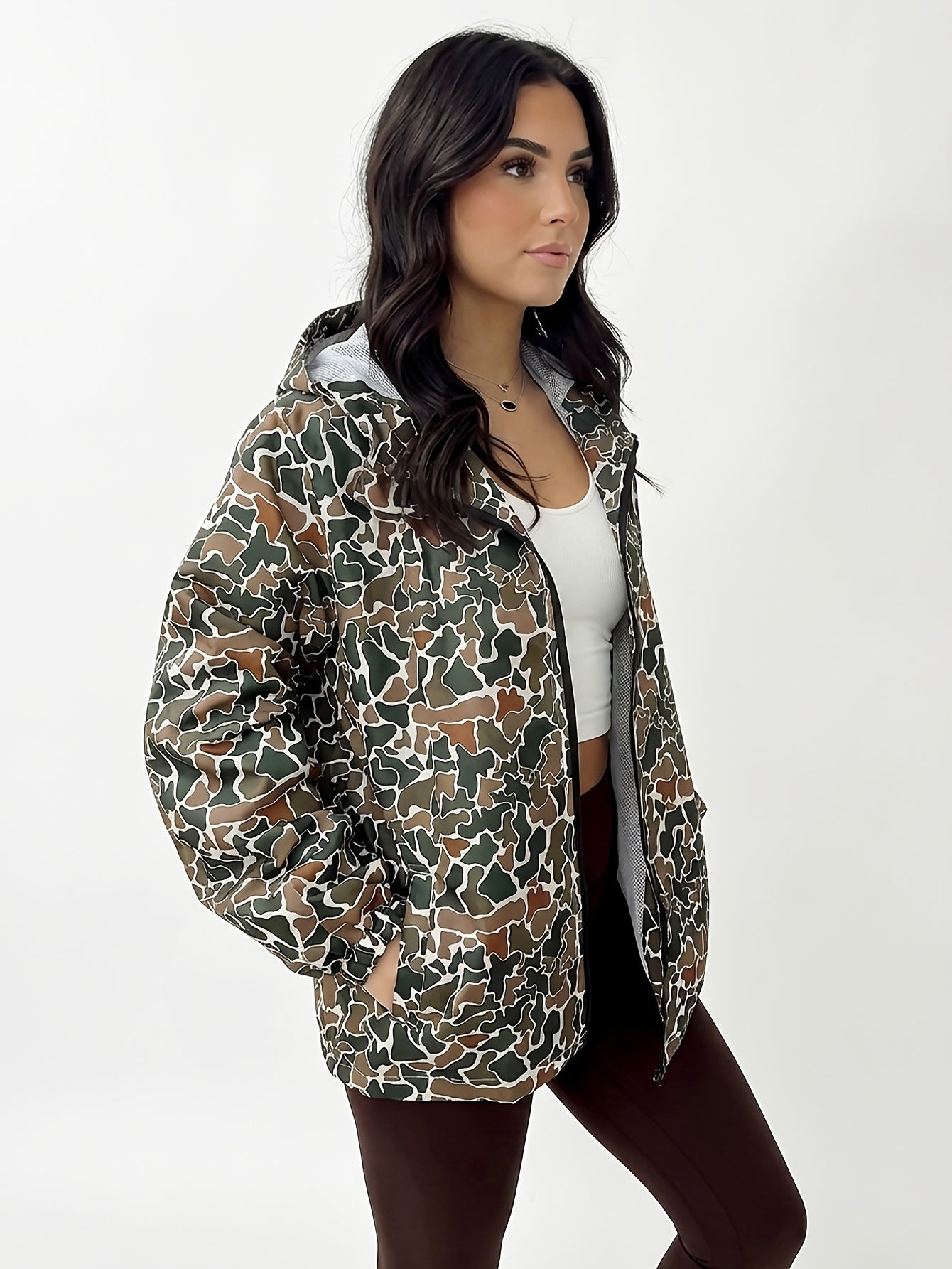 Camo Hooded Jacket Women's, Streetwear Windbreaker, Casual Fall Outerwear, Fashion Hoodie for Daily Wear