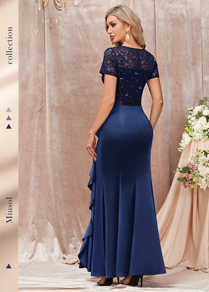 53272 Elegant Womens Sequin Lace Contrast Bridesmaid Maxi Dress, Scoop Neck Short Sleeves, Side Ruffle Detail, Satin Mermaid Hem, Perfect for Graduation Season, Wedding Season, Summer Wedding Guest, Evening Party, Summer Vacation Events And Formal