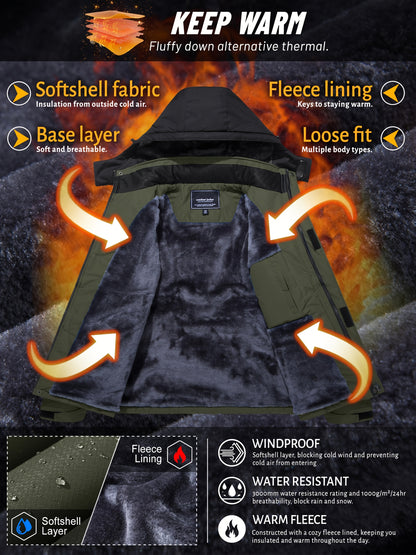 Men'S Winter Ski Jackets Warm Fleece Lined Coats Waterproof Windproof Hooded Thermal Outdoor Parka Thick Sport Hiking Jogging Camping Fishing Climbing Traveling Skiing Snowboarding Casual Windbreaker
