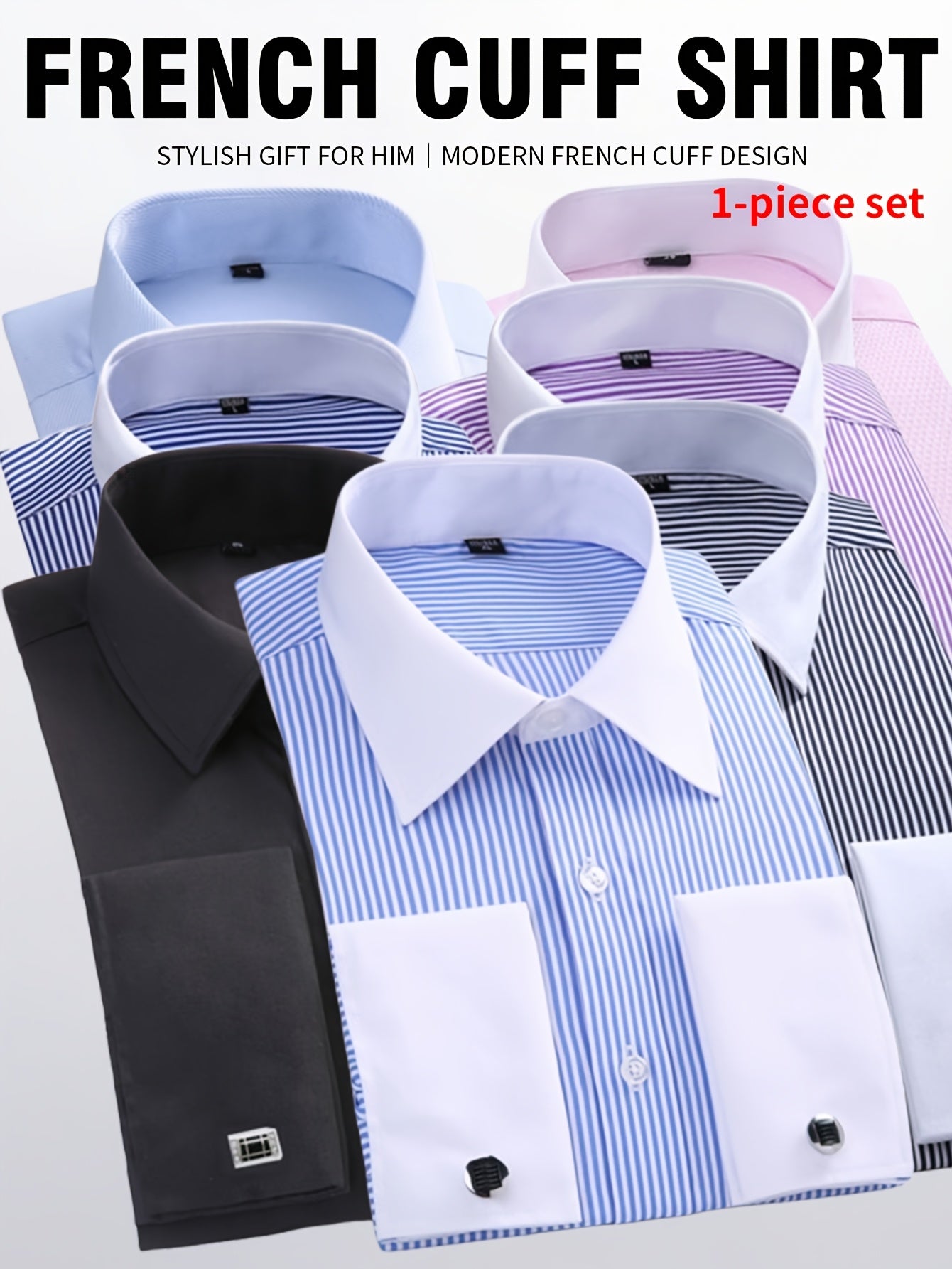 2026 French Cuff Dress Shirt 1pc For Men With FREE Random Cufflinks Set - Luxury Formal Wedding Shirt, Business Office Elegant Attire