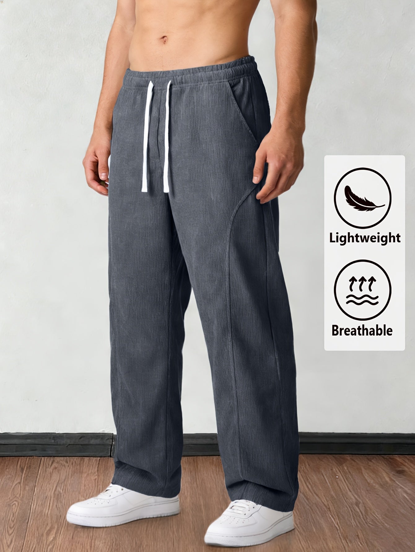 Men'S Solid Corduroy Straight Pants, Retro Pocket And Drawstring Waist, Breathable All-Season Trousers, Casual Daily And Workwear, Machine Washable, Comfortable Straight Fit Pants for Daily Activities