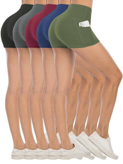 Set of 5 High-Waisted Biker Shorts for Women Featuring Pockets