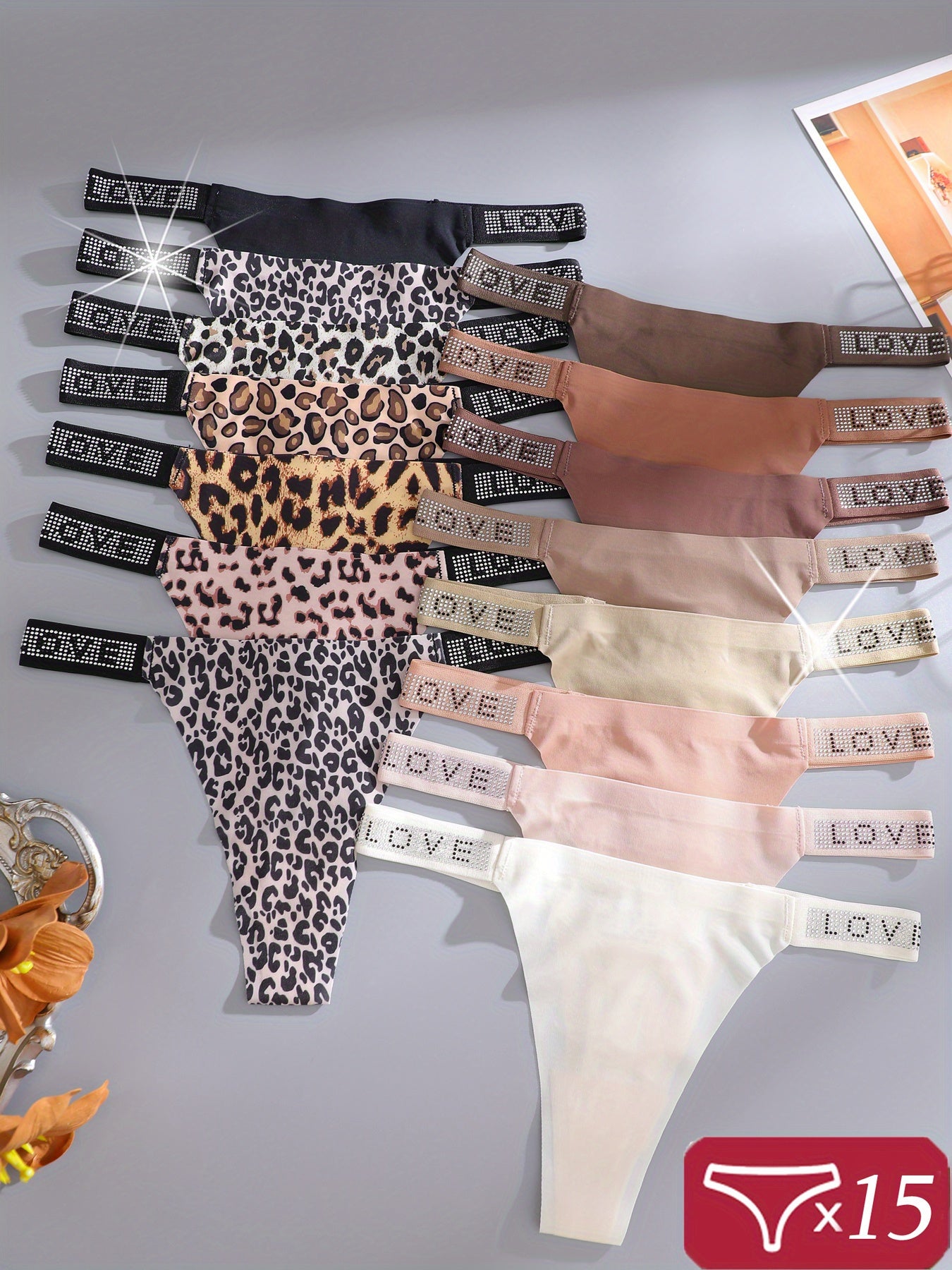 15pcs Pack Women' Ice Thong Panties - Low-Rise -String Underwear with Leopard Print & Hollow-Out Briefs, Soft Comfortable Non-Sheer Suitable for Casual Attire, Hand Washable Sexy Briefs