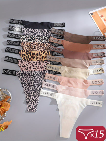 15pcs Pack Women' Ice Thong Panties - Low-Rise -String Underwear with Leopard Print & Hollow-Out Briefs, Soft Comfortable Non-Sheer Suitable for Casual Attire, Hand Washable Sexy Briefs