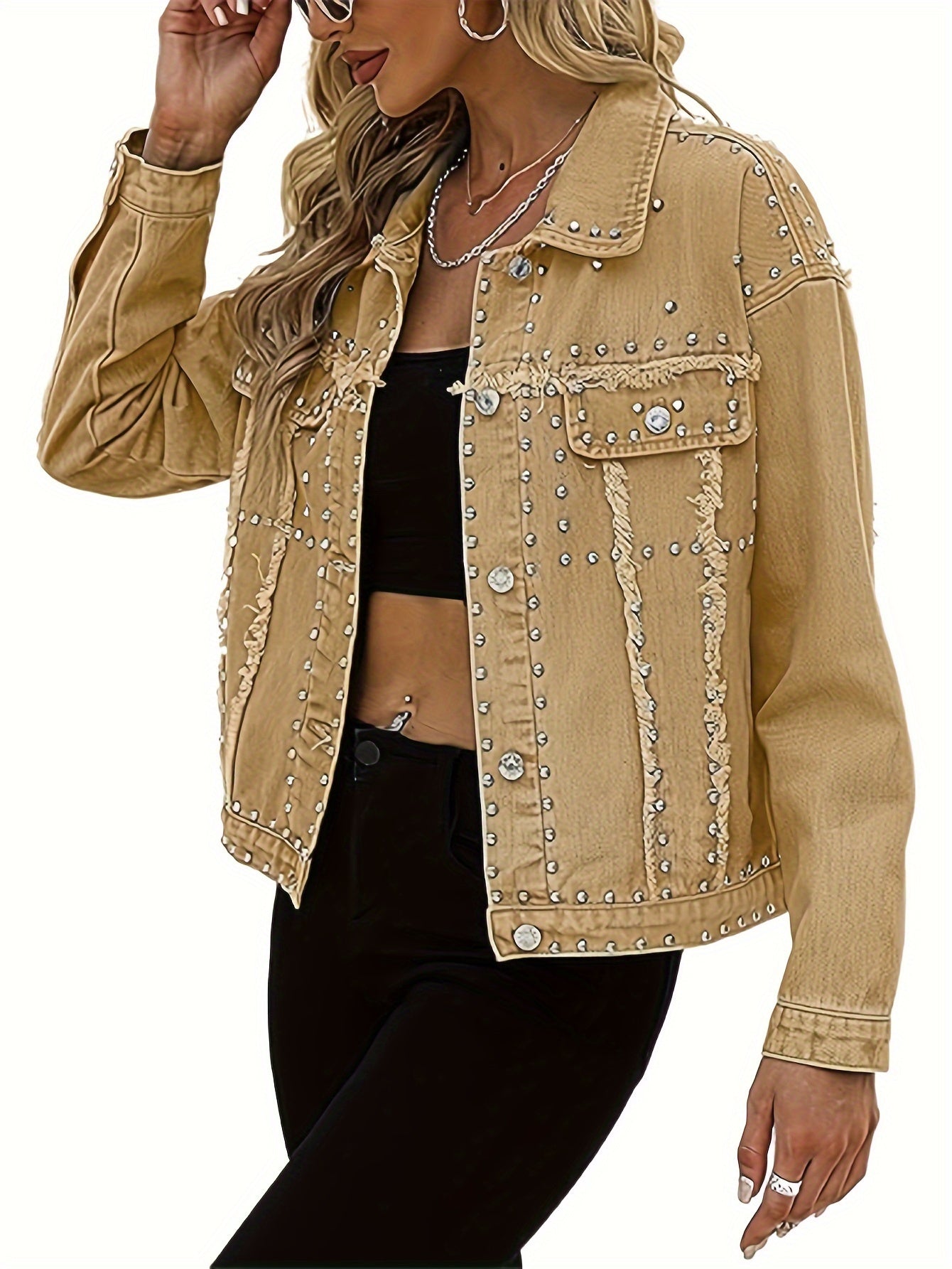 Women's Long Sleeve Rivet Studded Denim Jacket Casual Washed Pearl Short Jean Coat