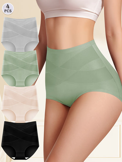 4pcs High Waist Crossover Tummy Control Briefs, Seamless Soft Stretchy Breathable Full Coverage Intimates Panties, Women's Lingerie & Underwear