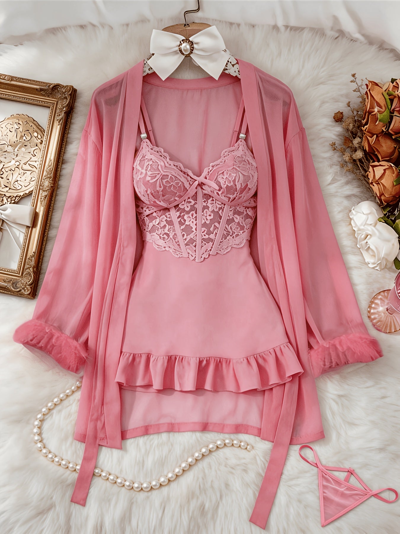 [3pcs Sheer Lace Set] Women's Lingerie 3pcs Sheer Lace Babydoll Set With Robe And Panty See Through Trim Mesh Sleepwear Sexy Nightwear