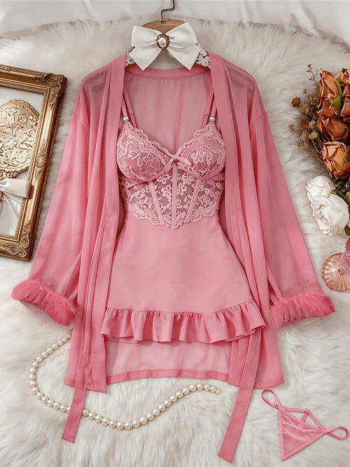 [3pcs Sheer Lace Set] Women's Lingerie 3pcs Sheer Lace Babydoll Set With Robe And Panty See Through Trim Mesh Sleepwear Sexy Nightwear