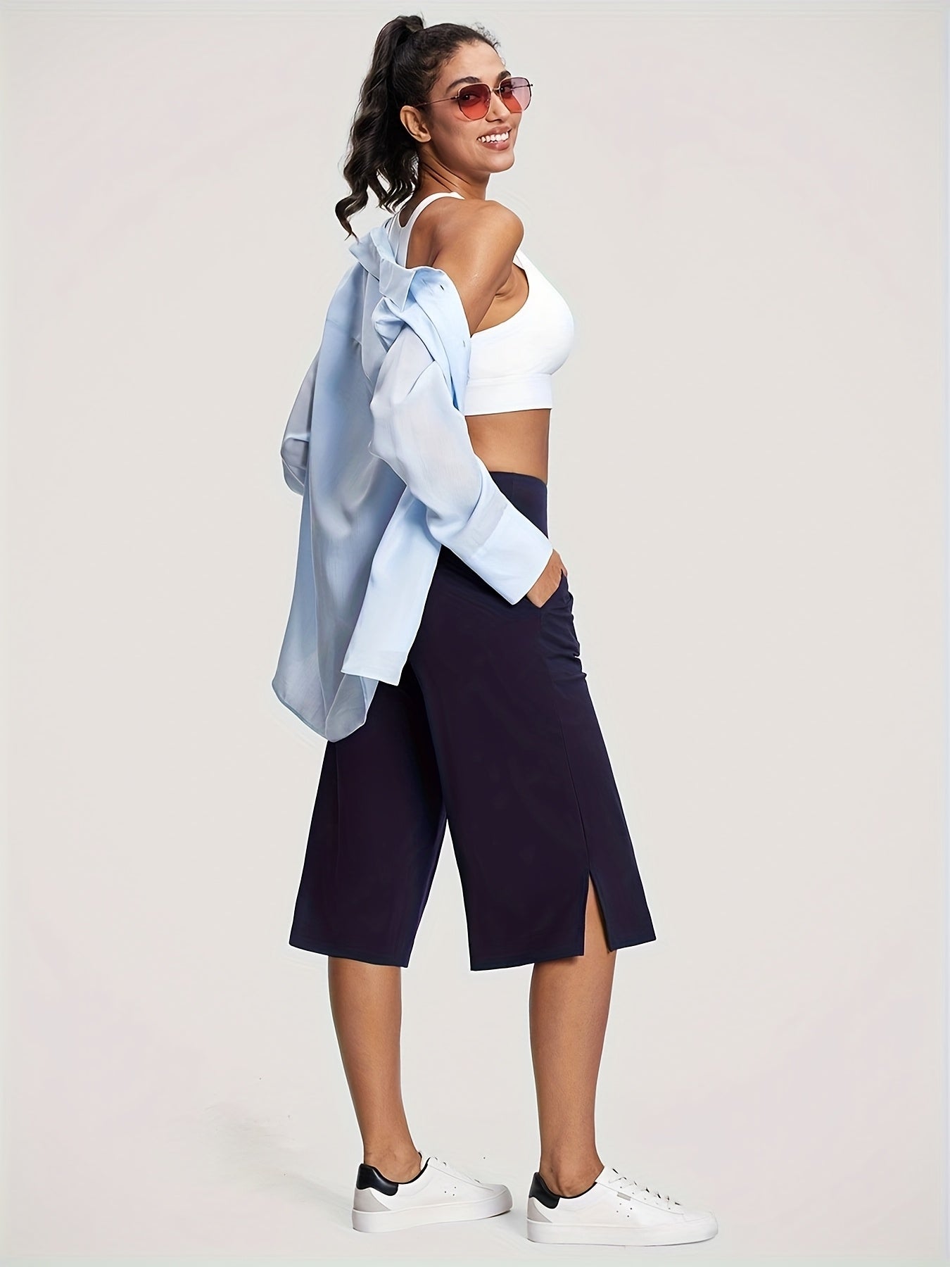 18'' Women's High-Waisted Wide Leg Yoga Capri Pants with Elastic Waist - Loose Comfortable Stretchable Soft Pants Suitable for Yoga, Workout, Casual & for Business Occasions - Spring Summer Fall Wearable with Practical Pockets (No Needed)