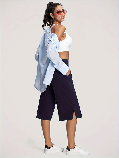 18'' Women's High-Waisted Wide Leg Yoga Capri Pants with Elastic Waist - Loose Comfortable Stretchable Soft Pants Suitable for Yoga, Workout, Casual & for Business Occasions - Spring Summer Fall Wearable with Practical Pockets (No Needed)